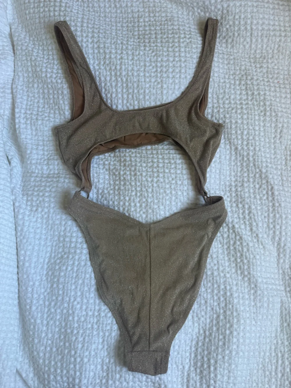 Skims Glitter Gold Metallic Cutout One-Piece Monokini Sienna Beige Swimsuit L